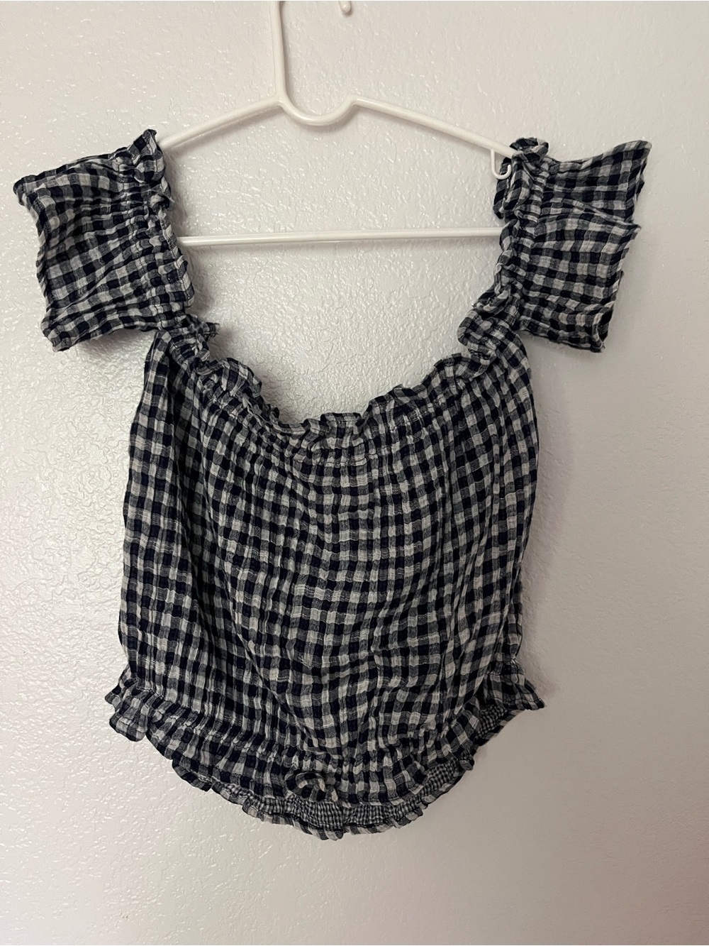American Eagle Cotton Navy Blue & White Gingham Off the Shoulder Ruffle Top